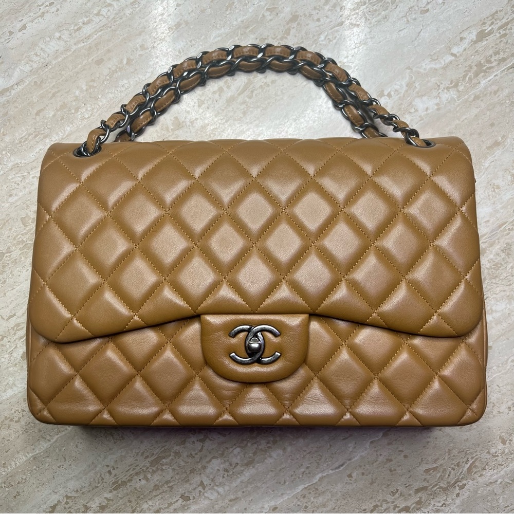 Chanel Tan Lambskin Caviar Quilted Jumbo Classic Double Flap Bag (2014-2015)